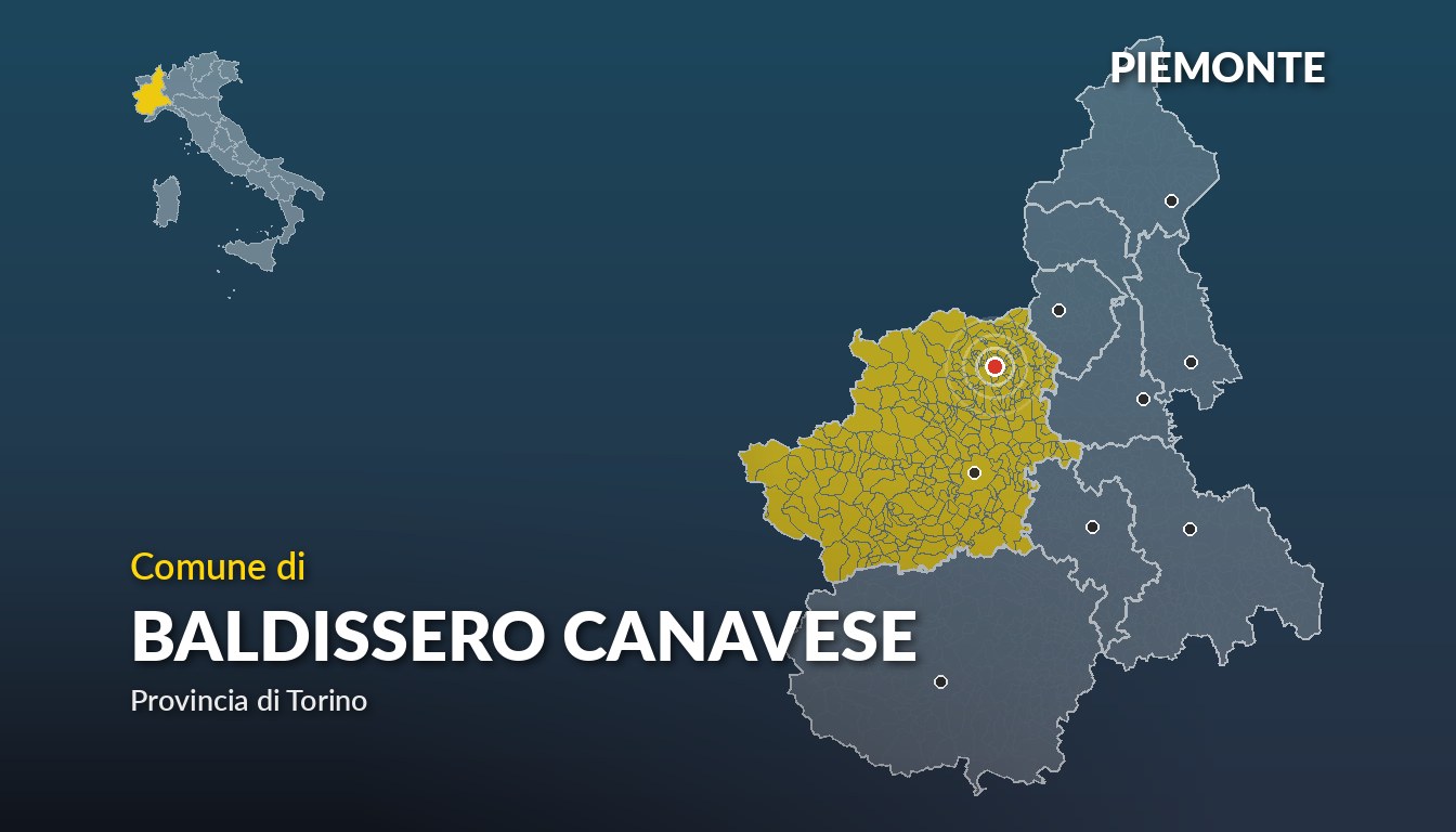 Cartina del Piemonte con la posizione del comune di Baldissero Canavese, in provincia di Torino