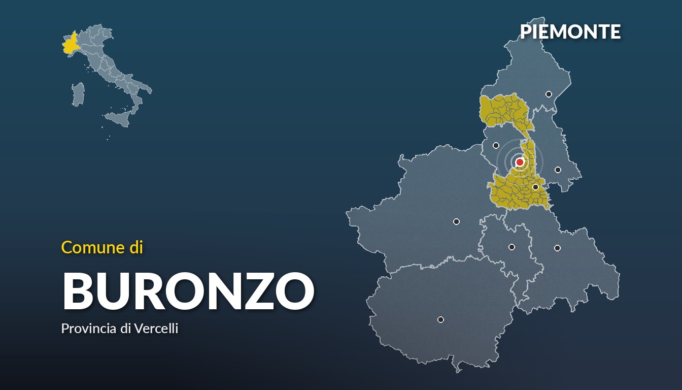 Cartina del Piemonte con la posizione del comune di Buronzo, in provincia di Vercelli