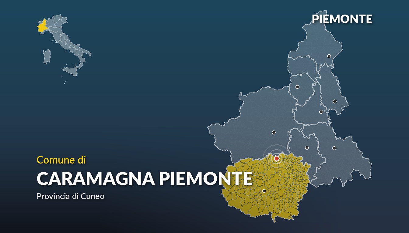 Cartina del Piemonte con la posizione del comune di Caramagna Piemonte, in provincia di Cuneo