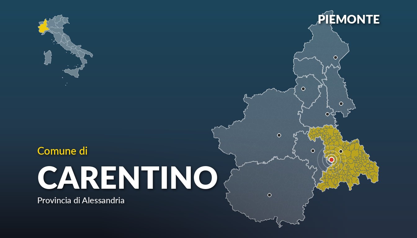 Cartina del Piemonte con la posizione del comune di Carentino, in provincia di Alessandria