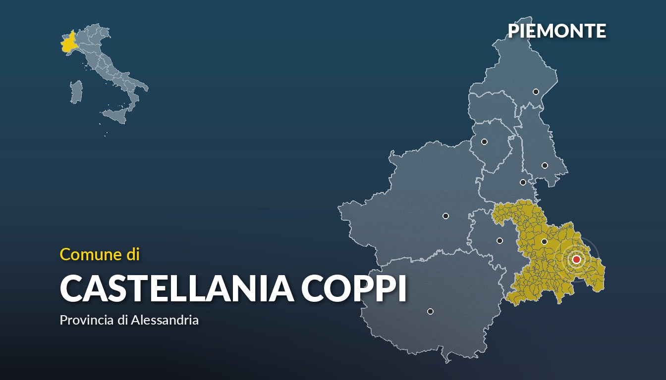 Cartina del Piemonte con la posizione del comune di Castellania Coppi, in provincia di Alessandria