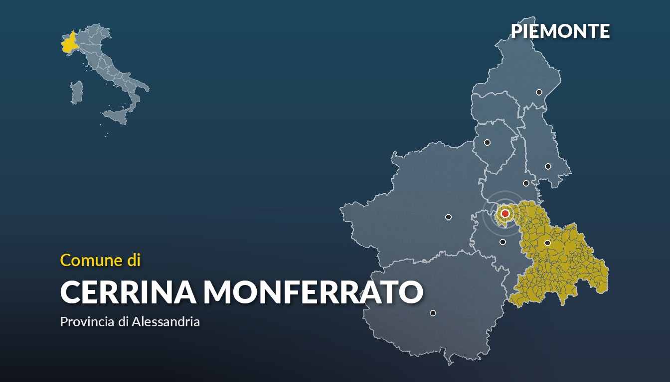 Cartina del Piemonte con la posizione del comune di Cerrina Monferrato, in provincia di Alessandria