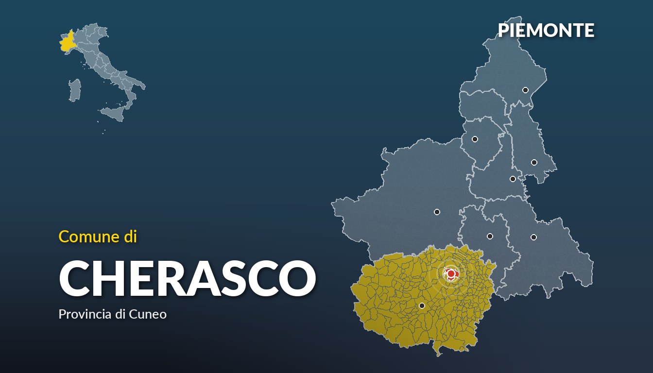 Cartina del Piemonte con la posizione del comune di Cherasco, in provincia di Cuneo