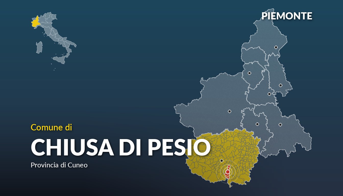 Cartina del Piemonte con la posizione del comune di Chiusa di Pesio, in provincia di Cuneo