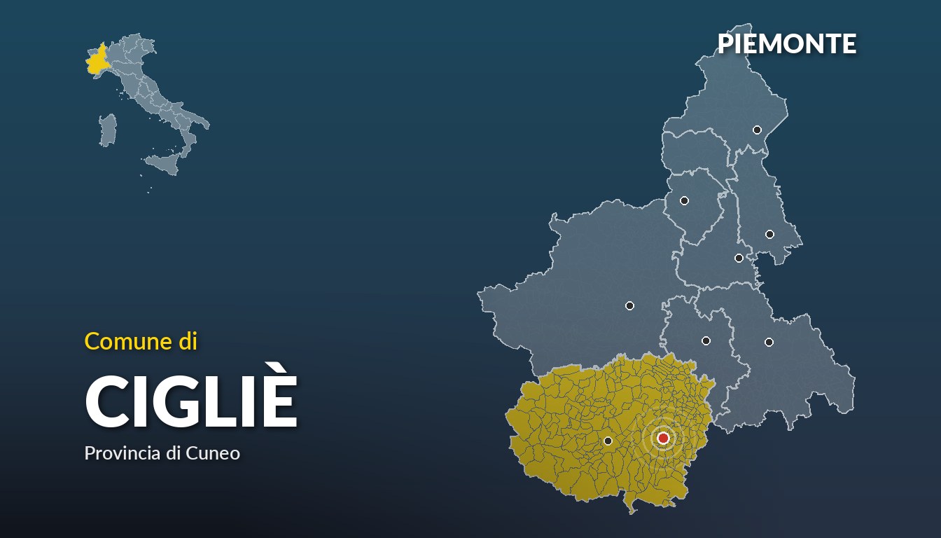 Cartina del Piemonte con la posizione del comune di Cigliè, in provincia di Cuneo