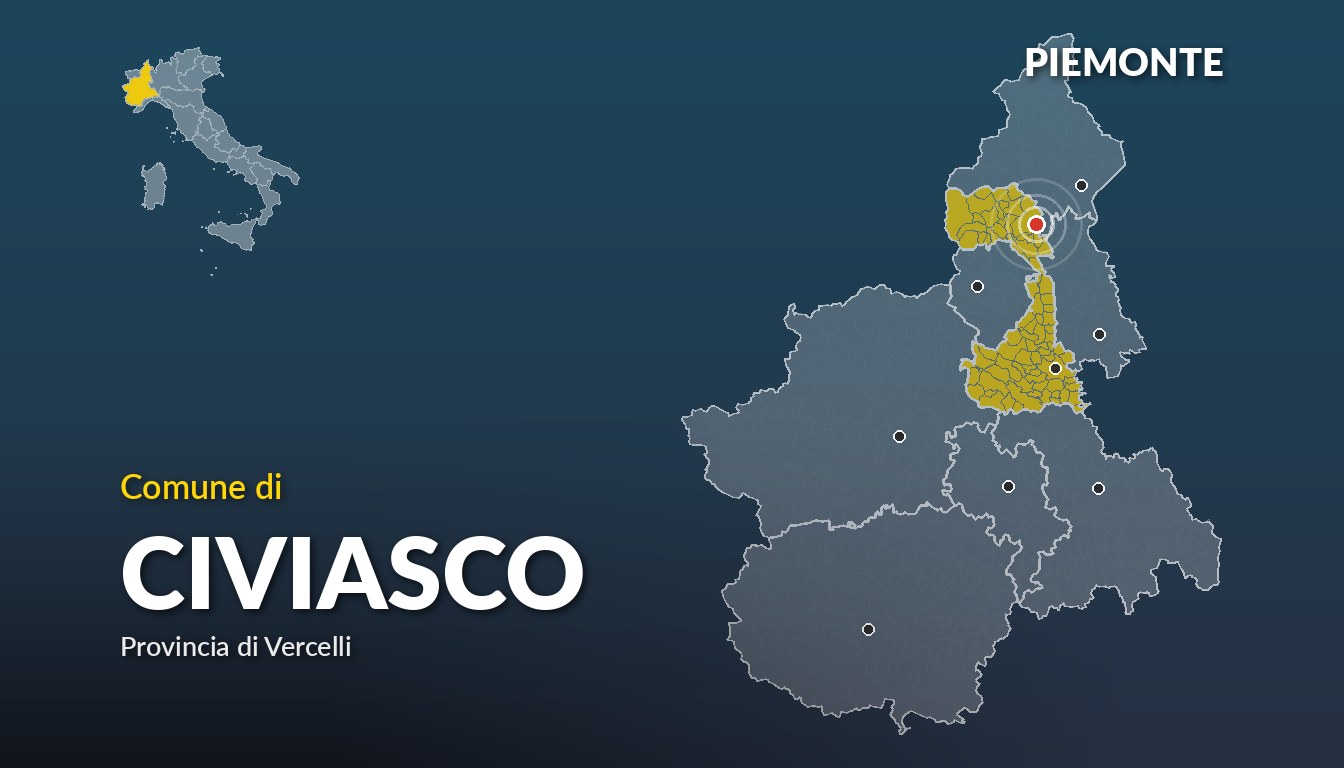 Cartina del Piemonte con la posizione del comune di Civiasco, in provincia di Vercelli