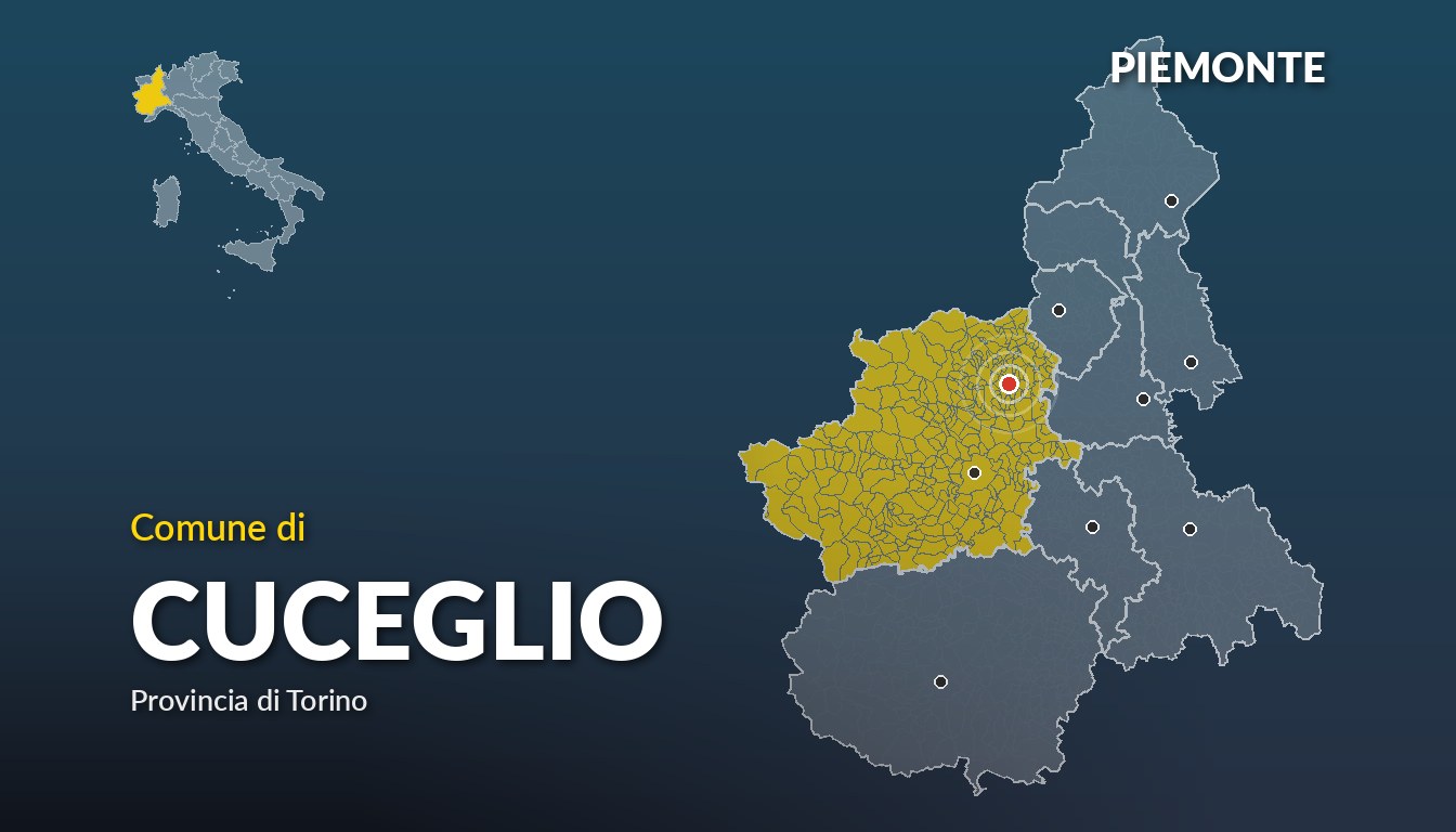 Cartina del Piemonte con la posizione del comune di Cuceglio, in provincia di Torino
