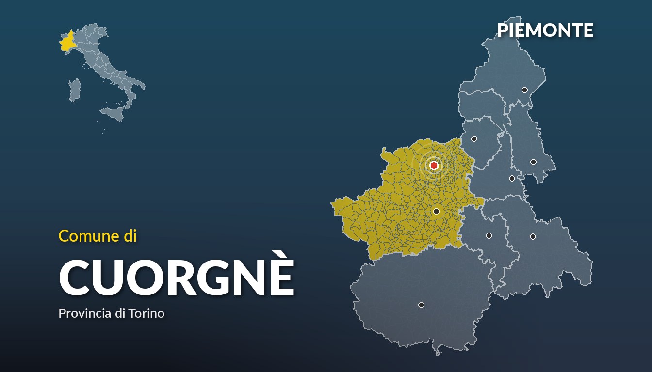 Cartina del Piemonte con la posizione del comune di Cuorgnè, in provincia di Torino
