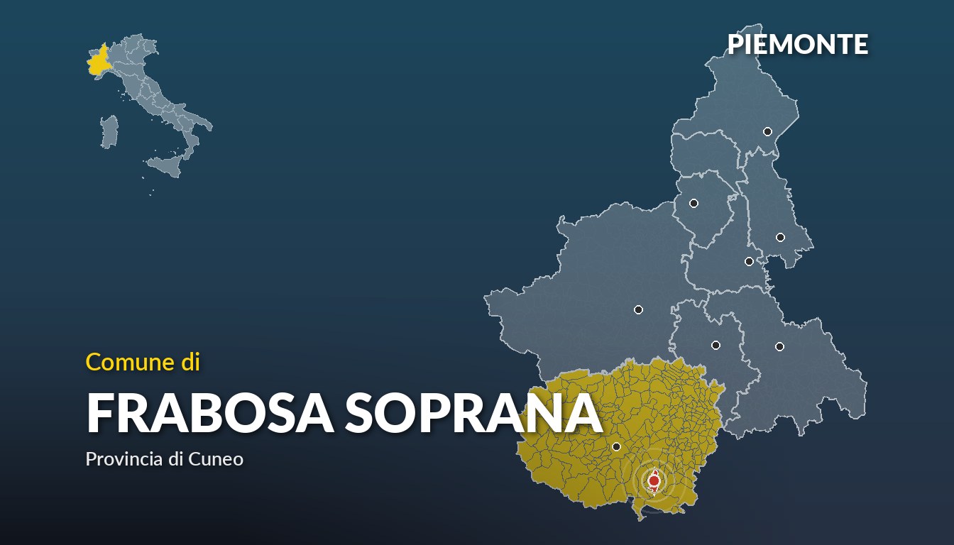 Cartina del Piemonte con la posizione del comune di Frabosa Soprana, in provincia di Cuneo