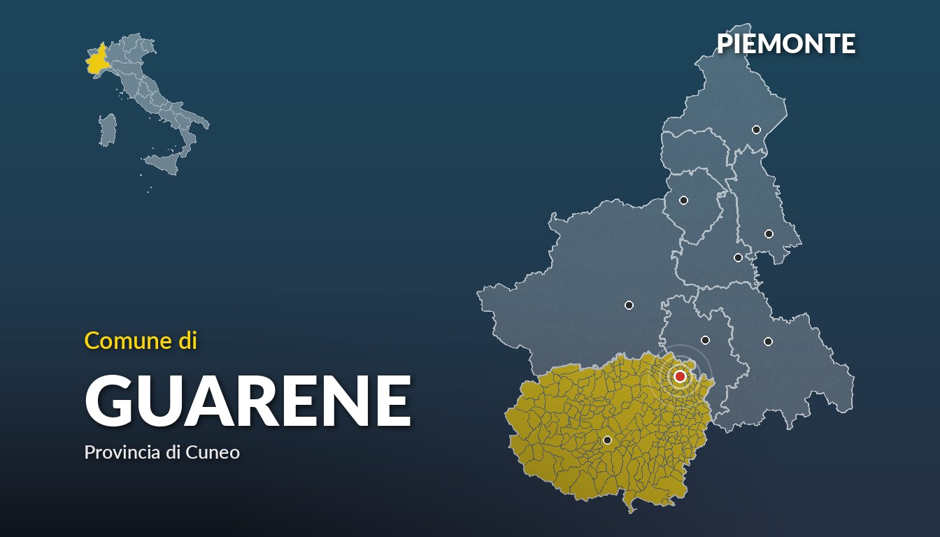 Cartina del Piemonte con la posizione del comune di Guarene, in provincia di Cuneo