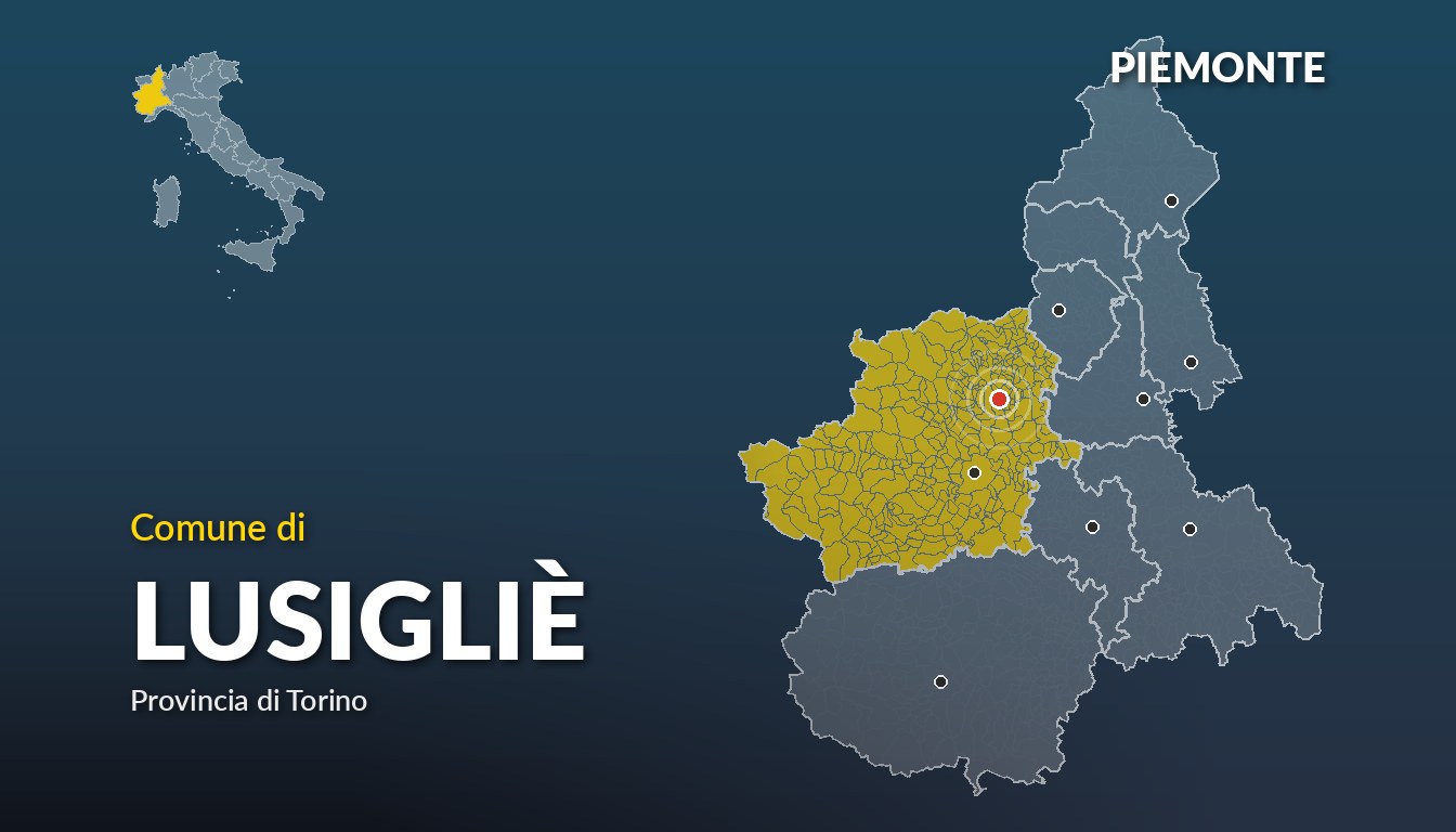 Cartina del Piemonte con la posizione del comune di Lusigliè, in provincia di Torino