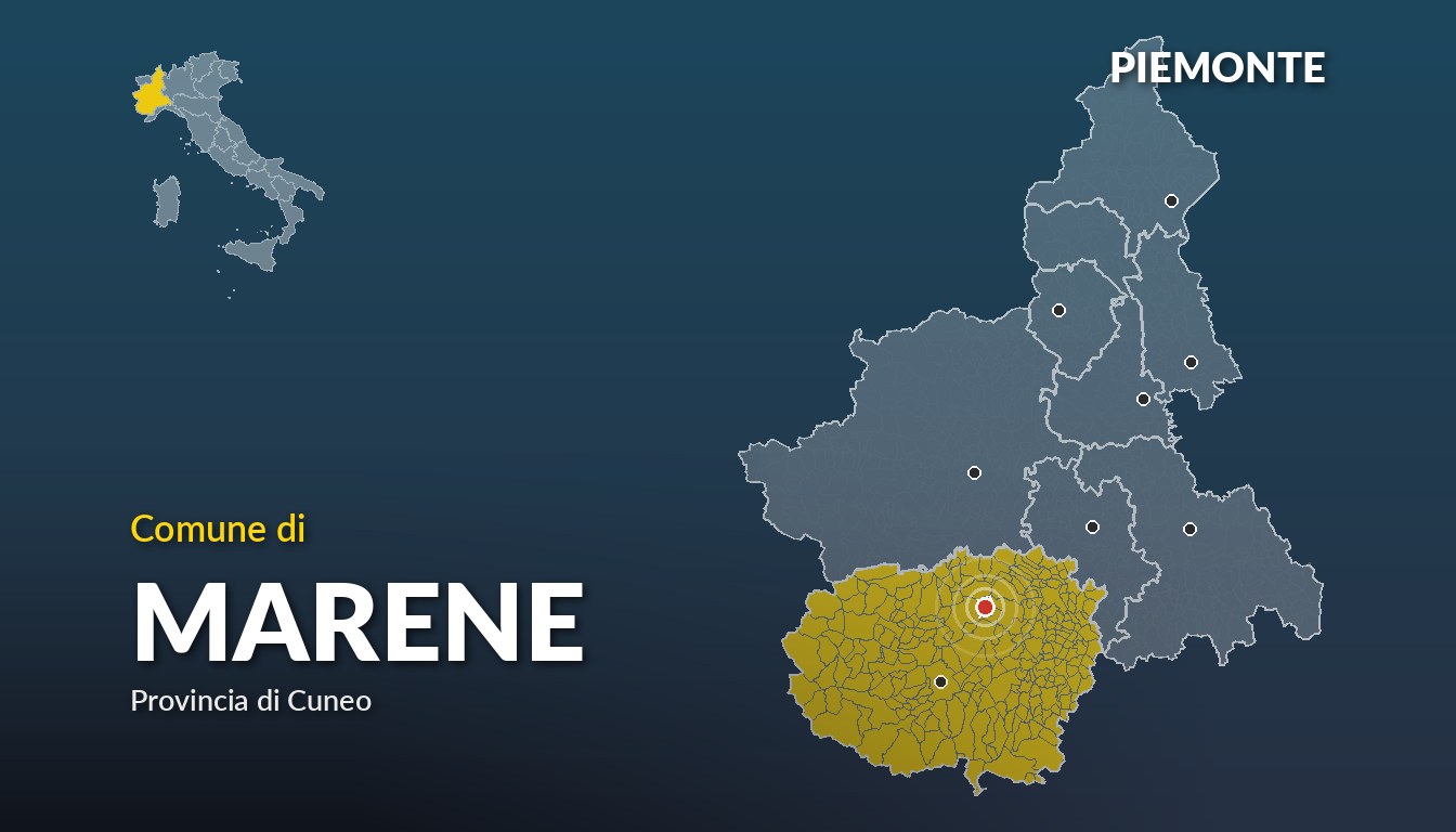 Cartina del Piemonte con la posizione del comune di Marene, in provincia di Cuneo