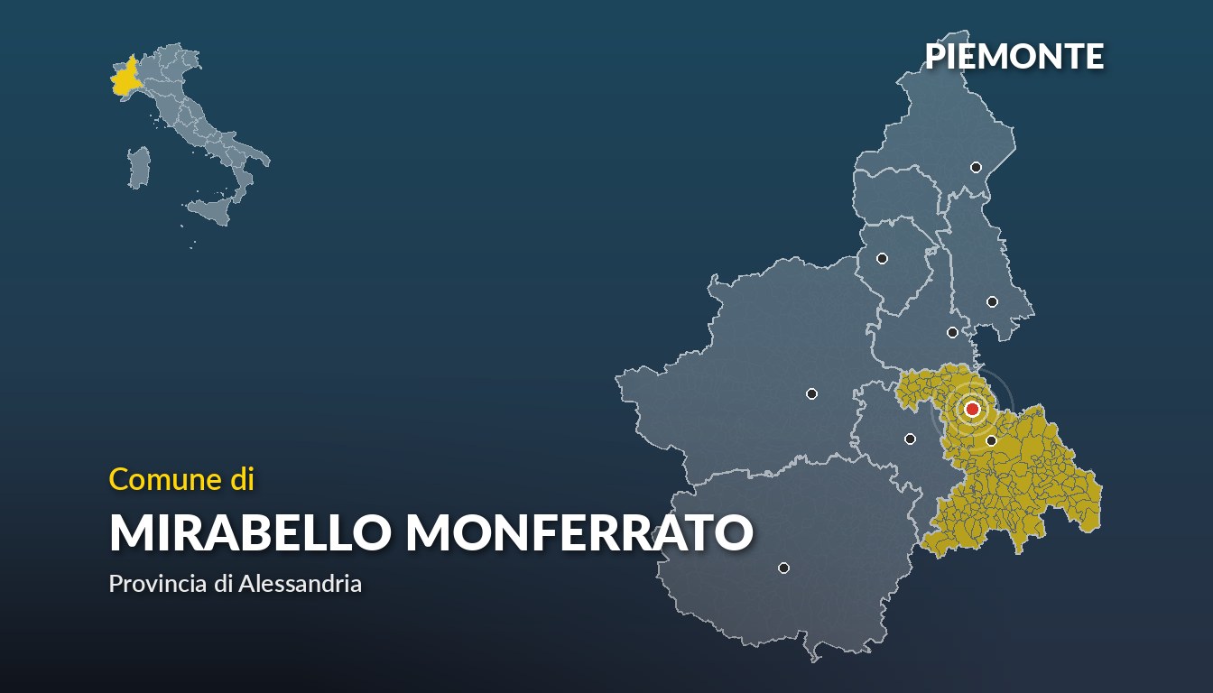 Cartina del Piemonte con la posizione del comune di Mirabello Monferrato, in provincia di Alessandria