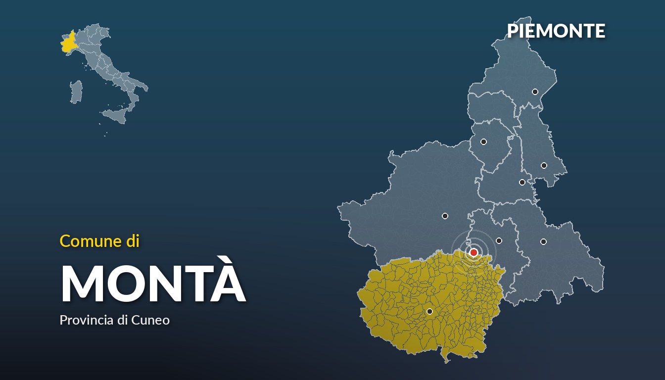 Cartina del Piemonte con la posizione del comune di Montà, in provincia di Cuneo