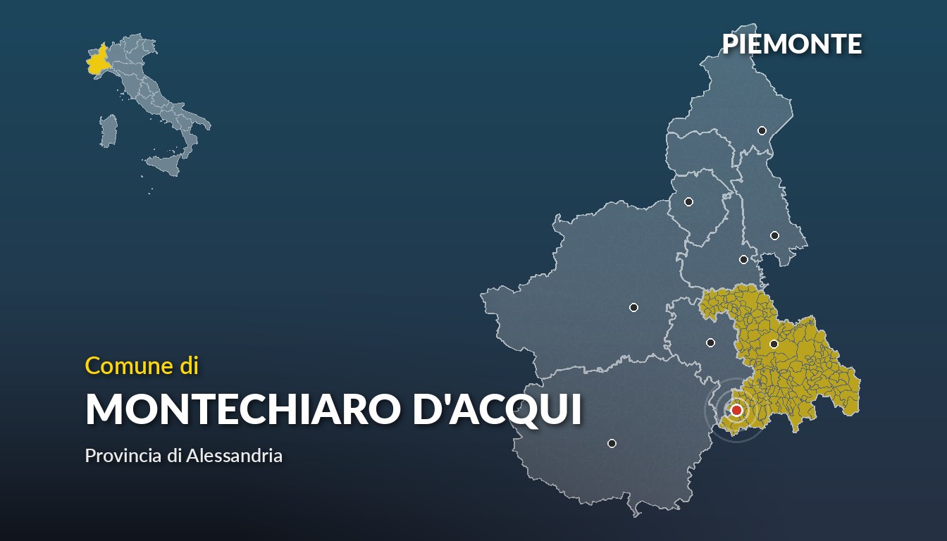Cartina del Piemonte con la posizione del comune di Montechiaro d'Acqui, in provincia di Alessandria