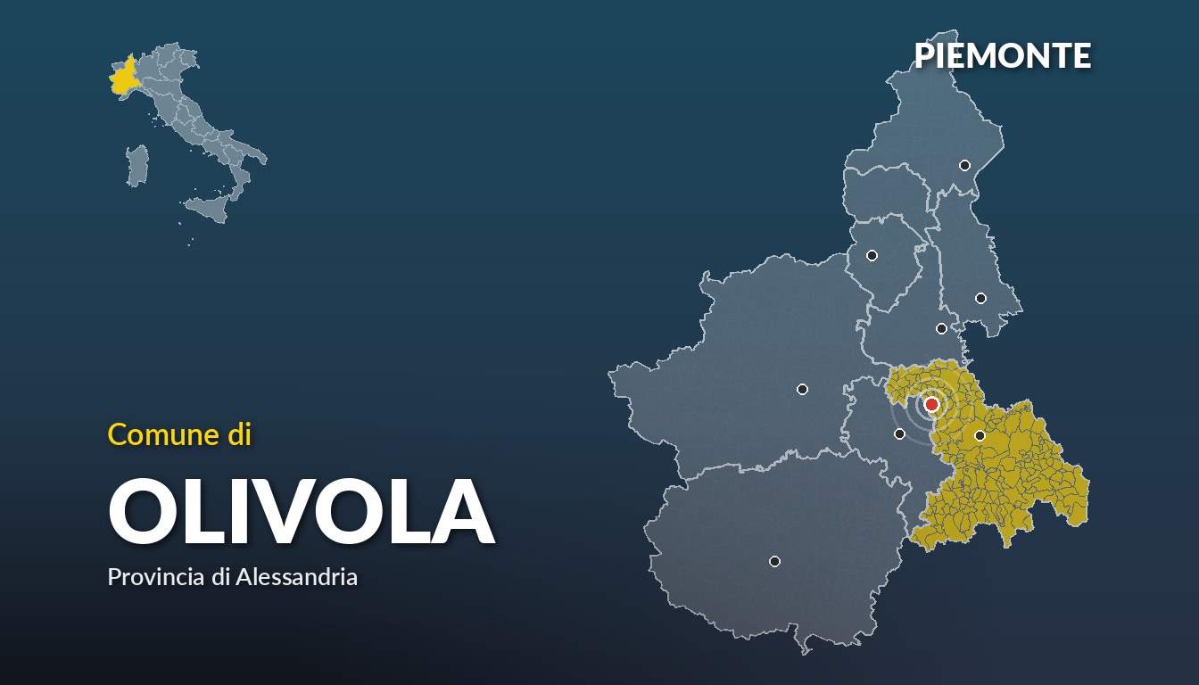 Cartina del Piemonte con la posizione del comune di Olivola, in provincia di Alessandria