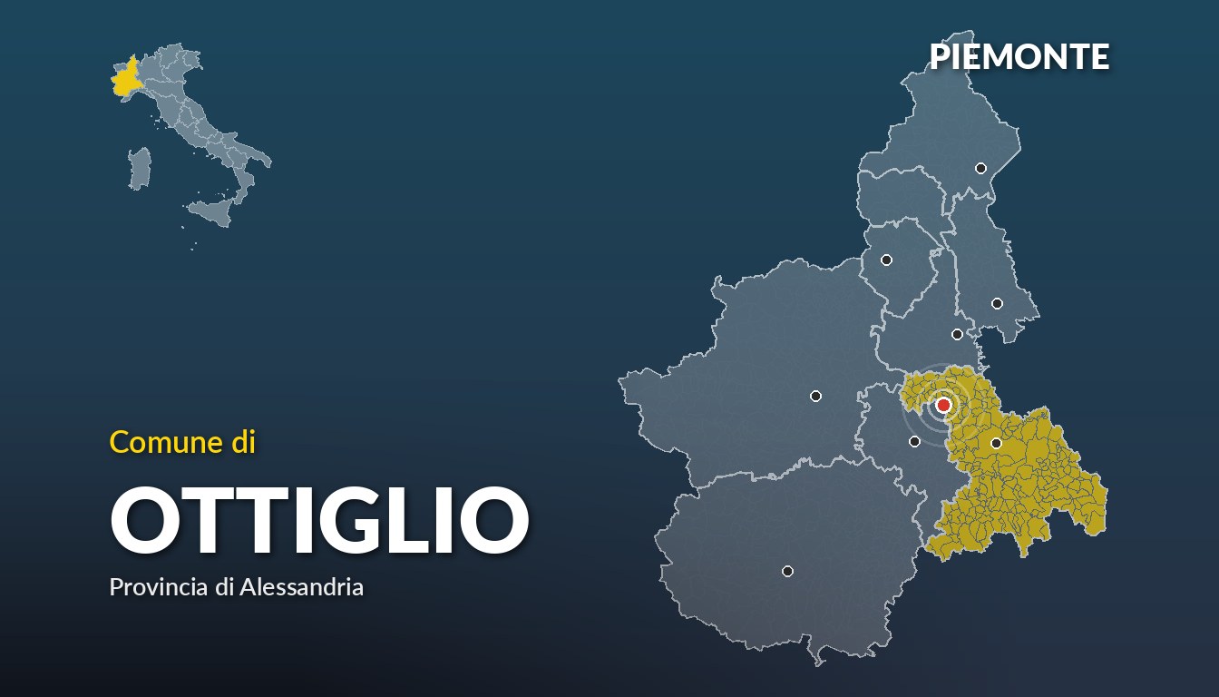 Cartina del Piemonte con la posizione del comune di Ottiglio, in provincia di Alessandria