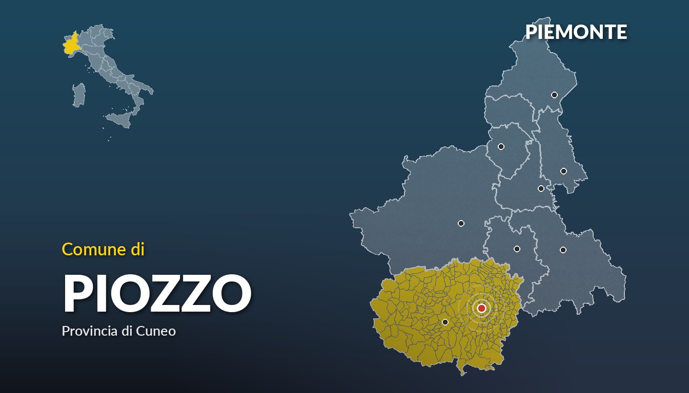 Cartina del Piemonte con la posizione del comune di Piozzo, in provincia di Cuneo