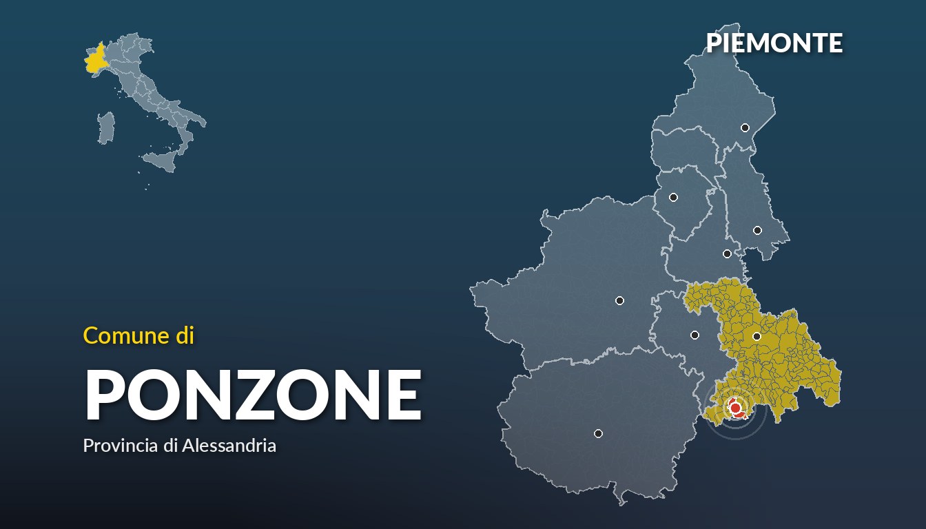 Cartina del Piemonte con la posizione del comune di Ponzone, in provincia di Alessandria