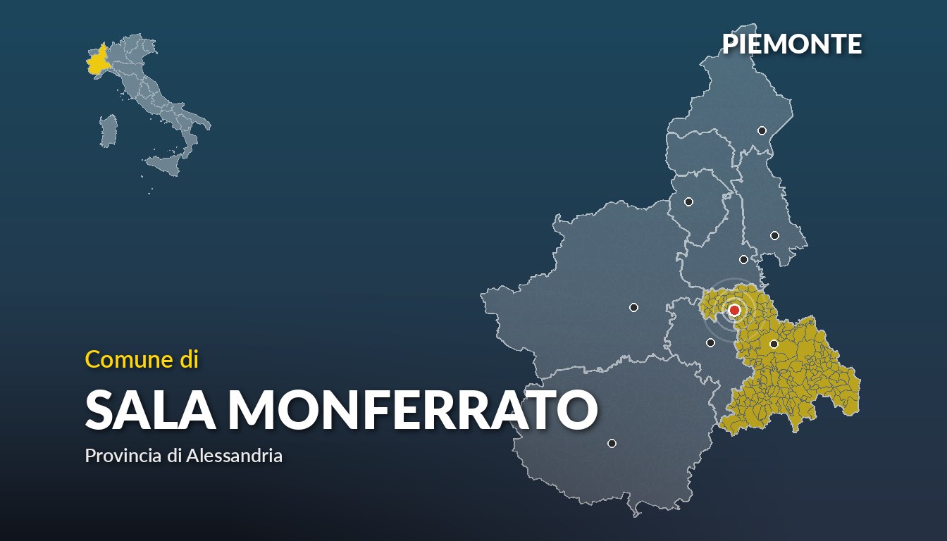 Cartina del Piemonte con la posizione del comune di Sala Monferrato, in provincia di Alessandria