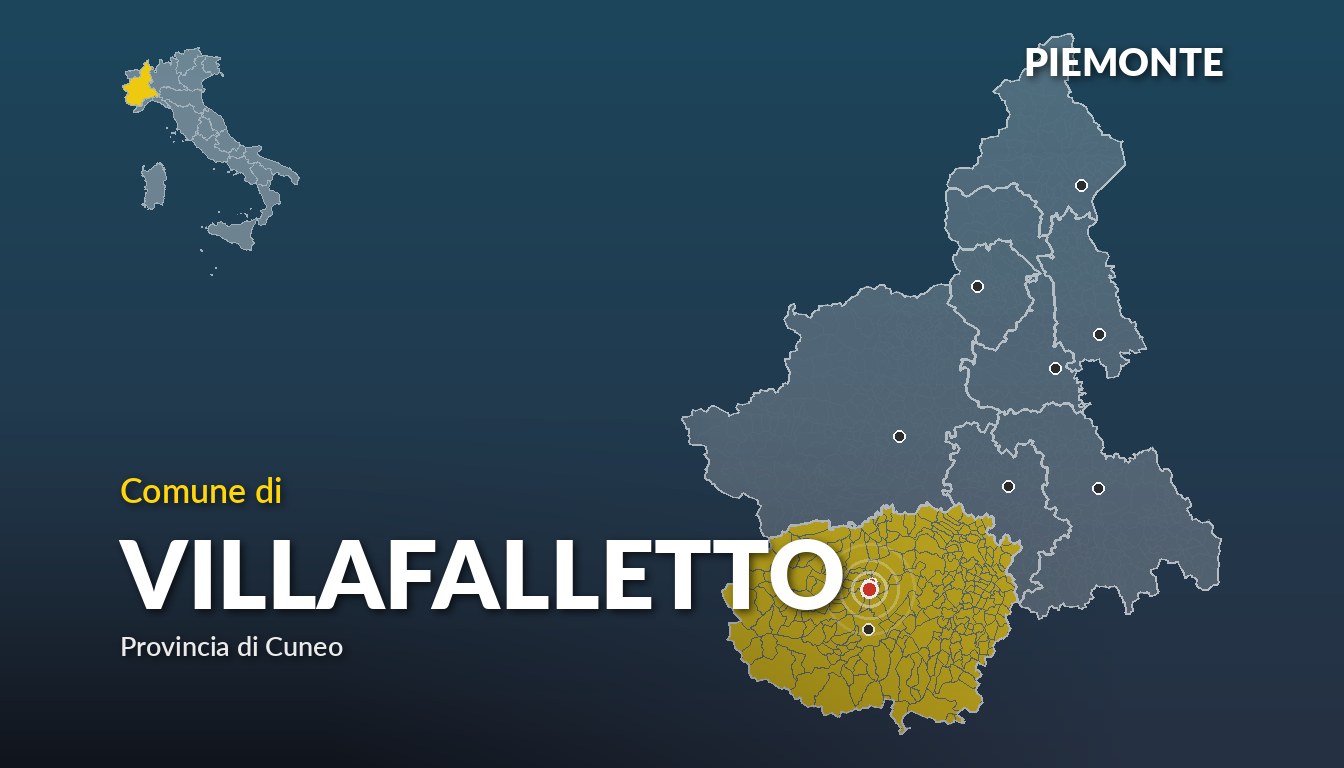 Cartina del Piemonte con la posizione del comune di Villafalletto, in provincia di Cuneo