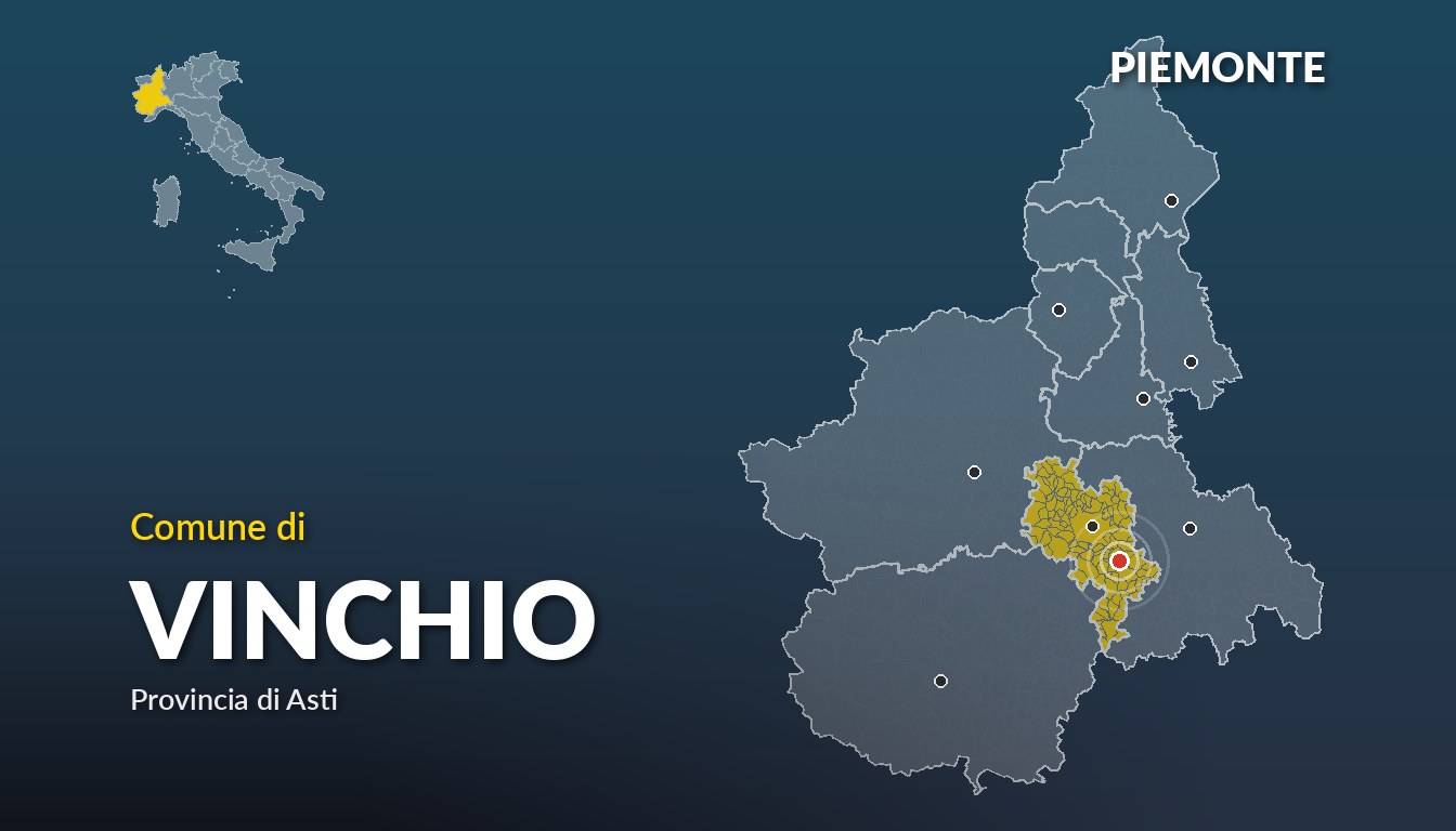Cartina del Piemonte con la posizione del comune di Vinchio, in provincia di Asti