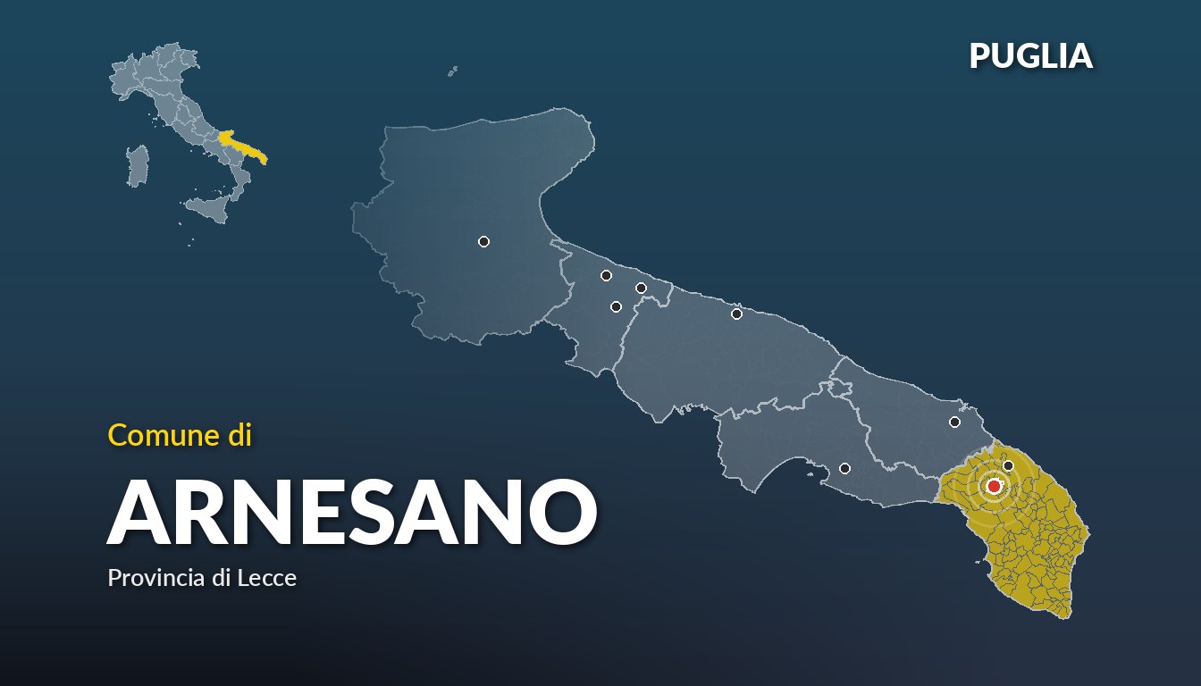 Cartina del Puglia con la posizione del comune di Arnesano, in provincia di Lecce