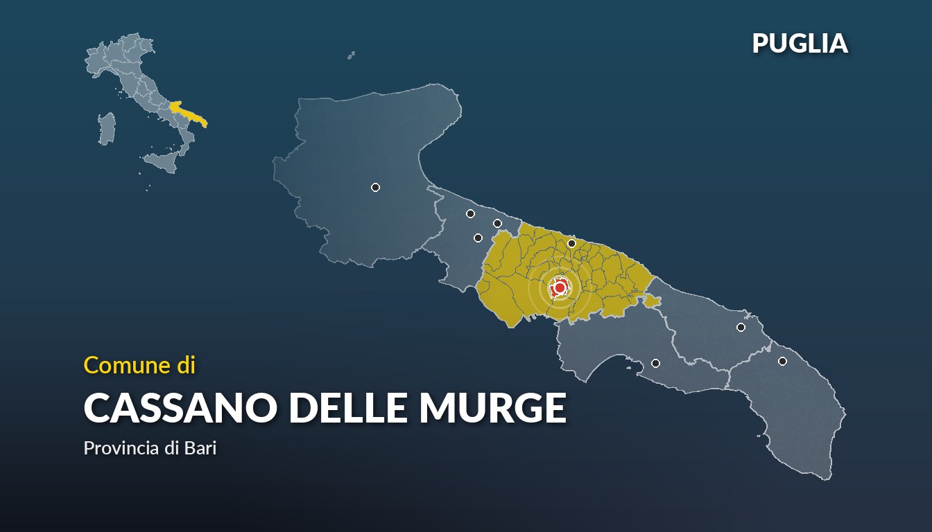 Cartina del Puglia con la posizione del comune di Cassano delle Murge, in provincia di Bari