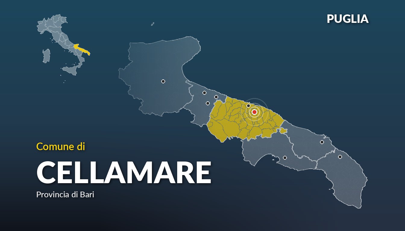 Cartina del Puglia con la posizione del comune di Cellamare, in provincia di Bari