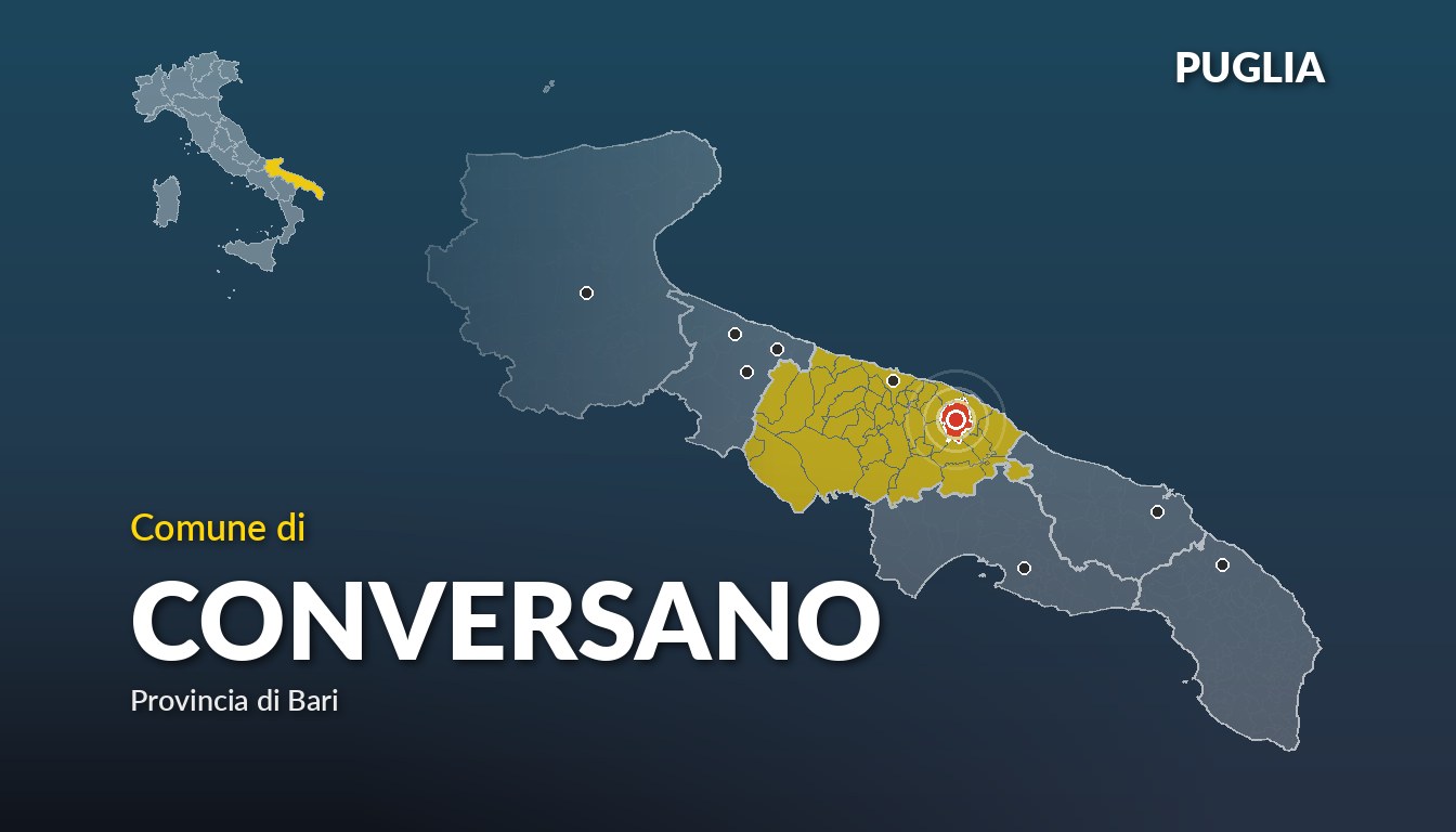 Cartina del Puglia con la posizione del comune di Conversano, in provincia di Bari