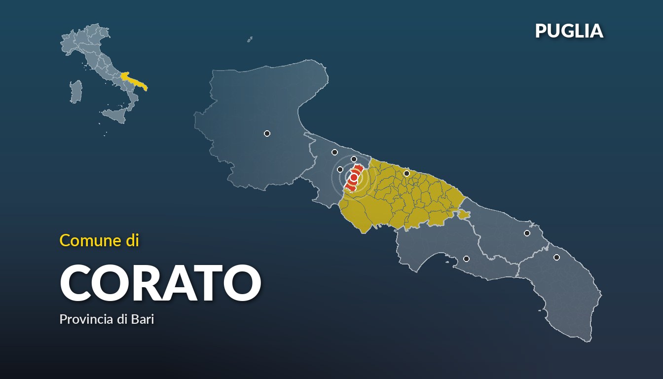 Cartina del Puglia con la posizione del comune di Corato, in provincia di Bari