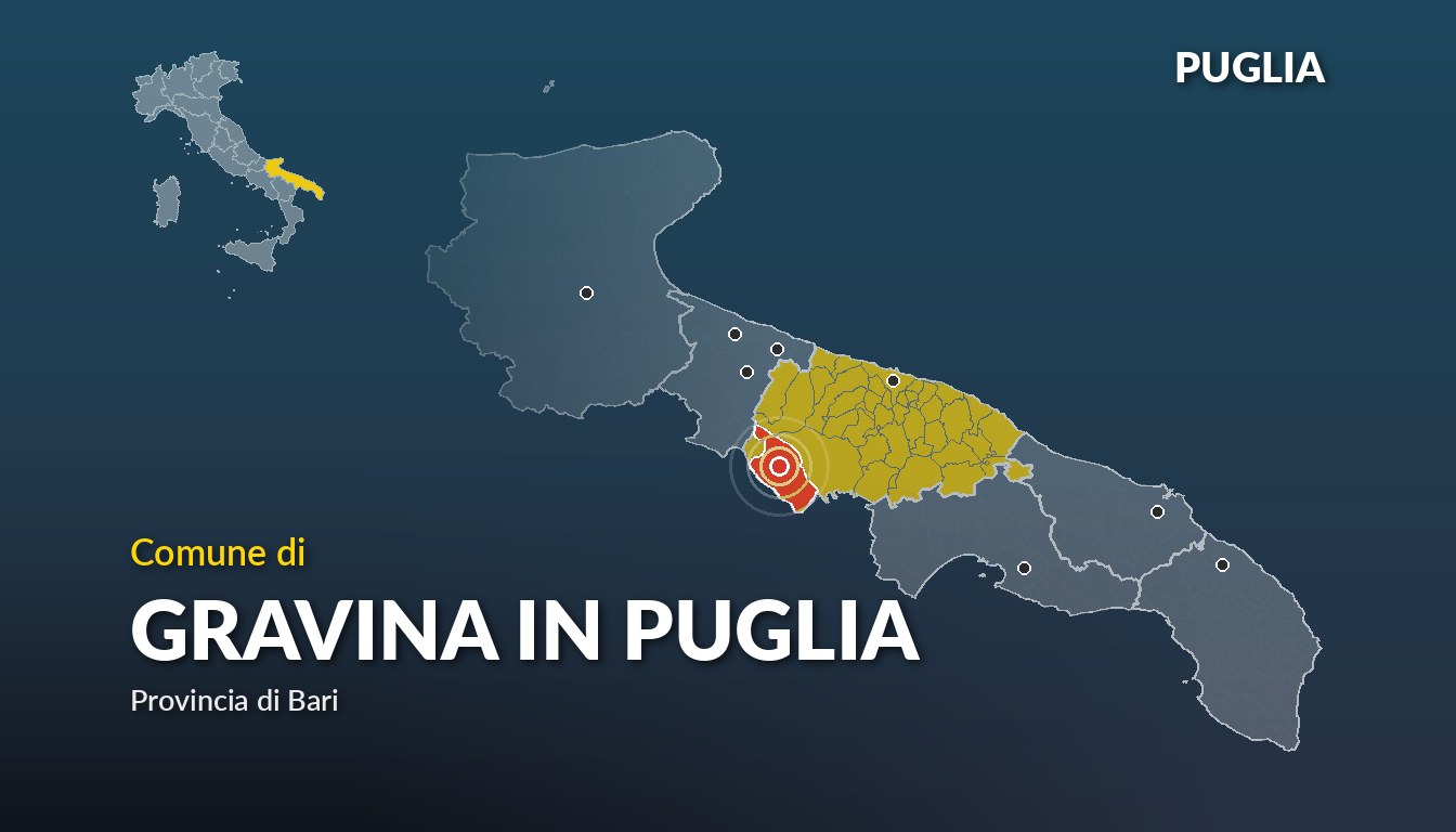 Cartina del Puglia con la posizione del comune di Gravina in Puglia, in provincia di Bari