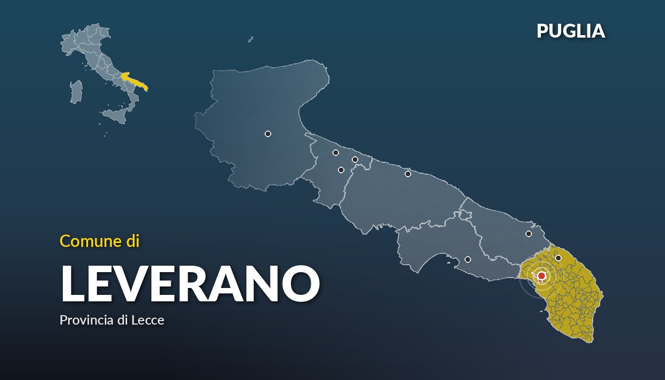 Cartina del Puglia con la posizione del comune di Leverano, in provincia di Lecce