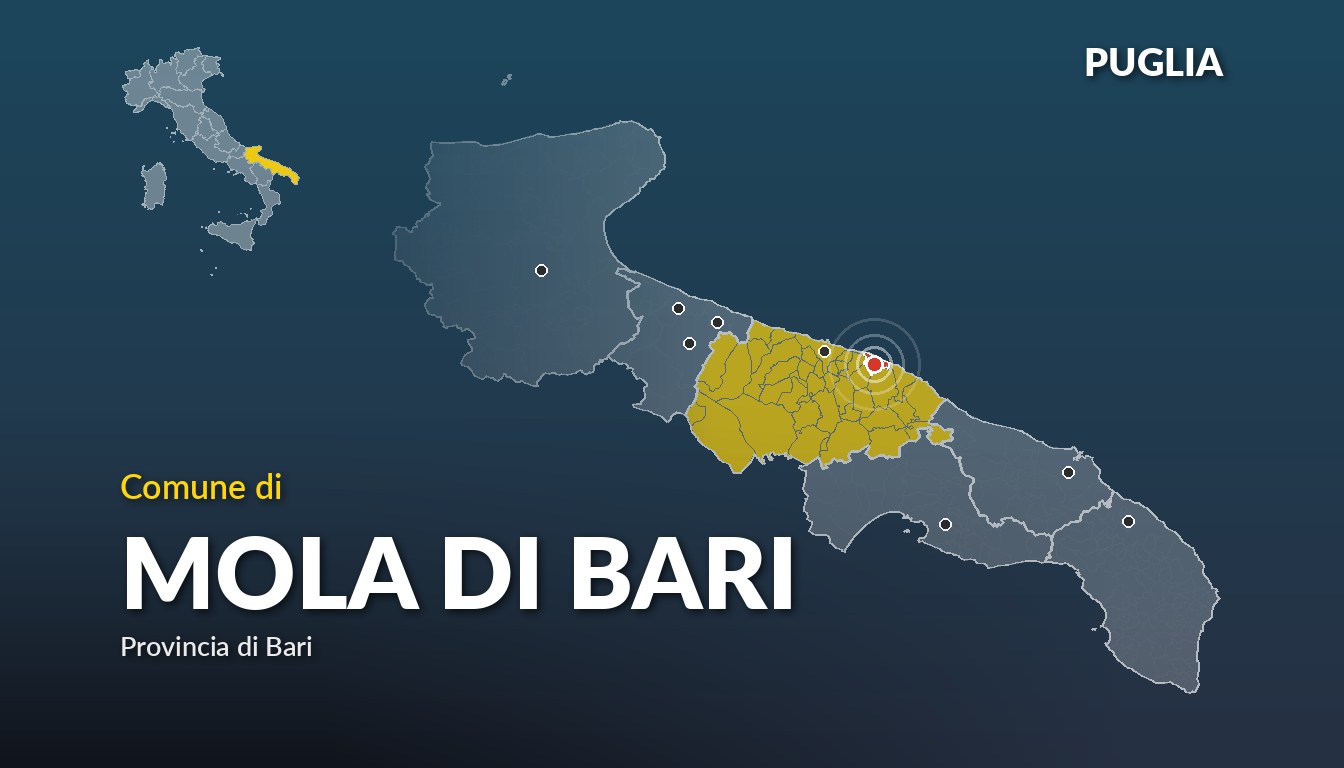 Cartina del Puglia con la posizione del comune di Mola di Bari, in provincia di Bari