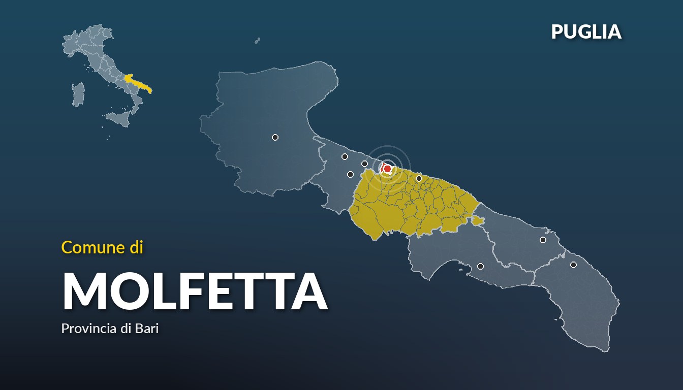 Cartina del Puglia con la posizione del comune di Molfetta, in provincia di Bari