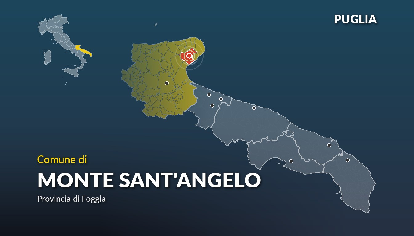 Cartina del Puglia con la posizione del comune di Monte Sant'Angelo, in provincia di Foggia
