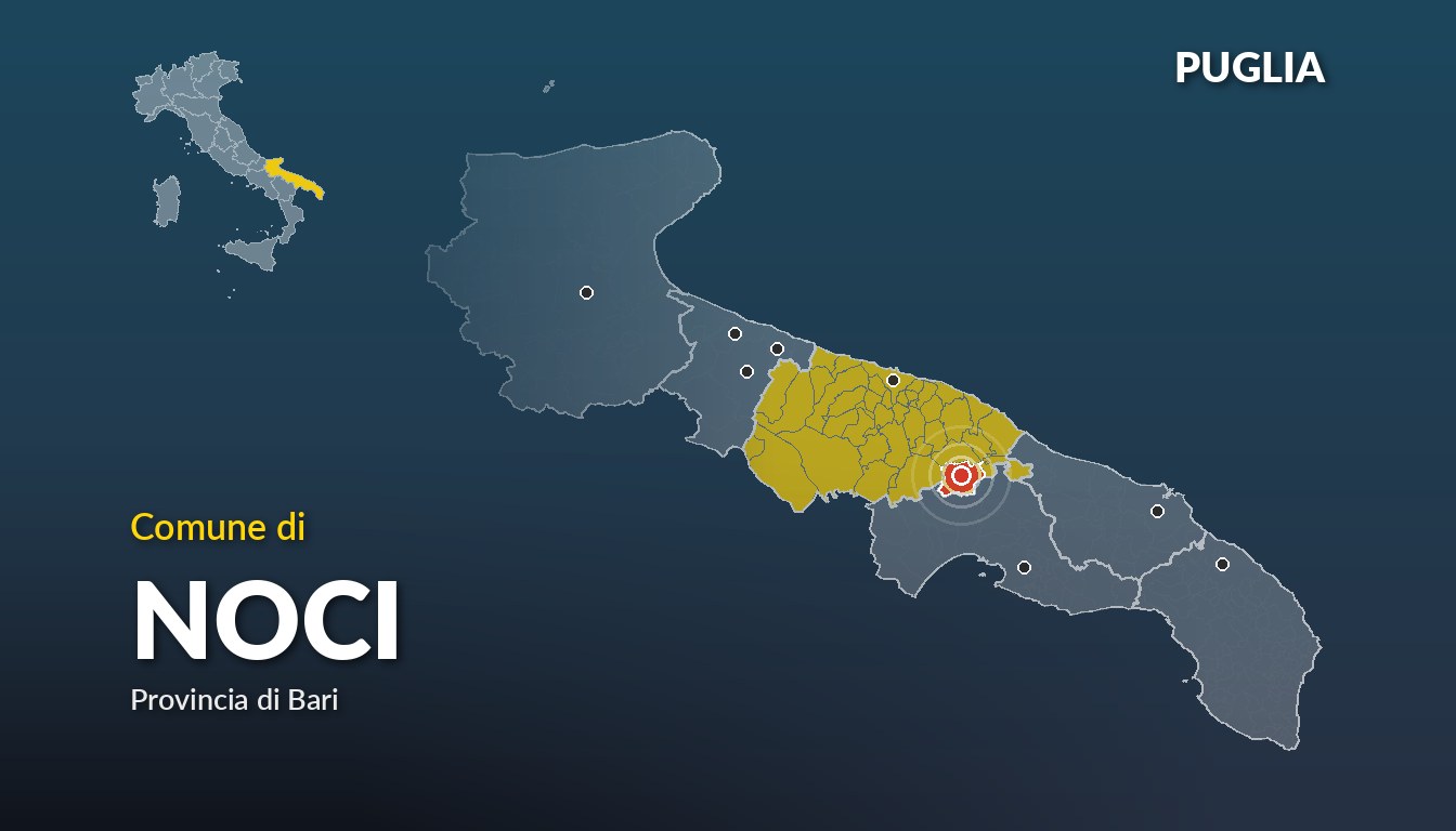 Cartina del Puglia con la posizione del comune di Noci, in provincia di Bari