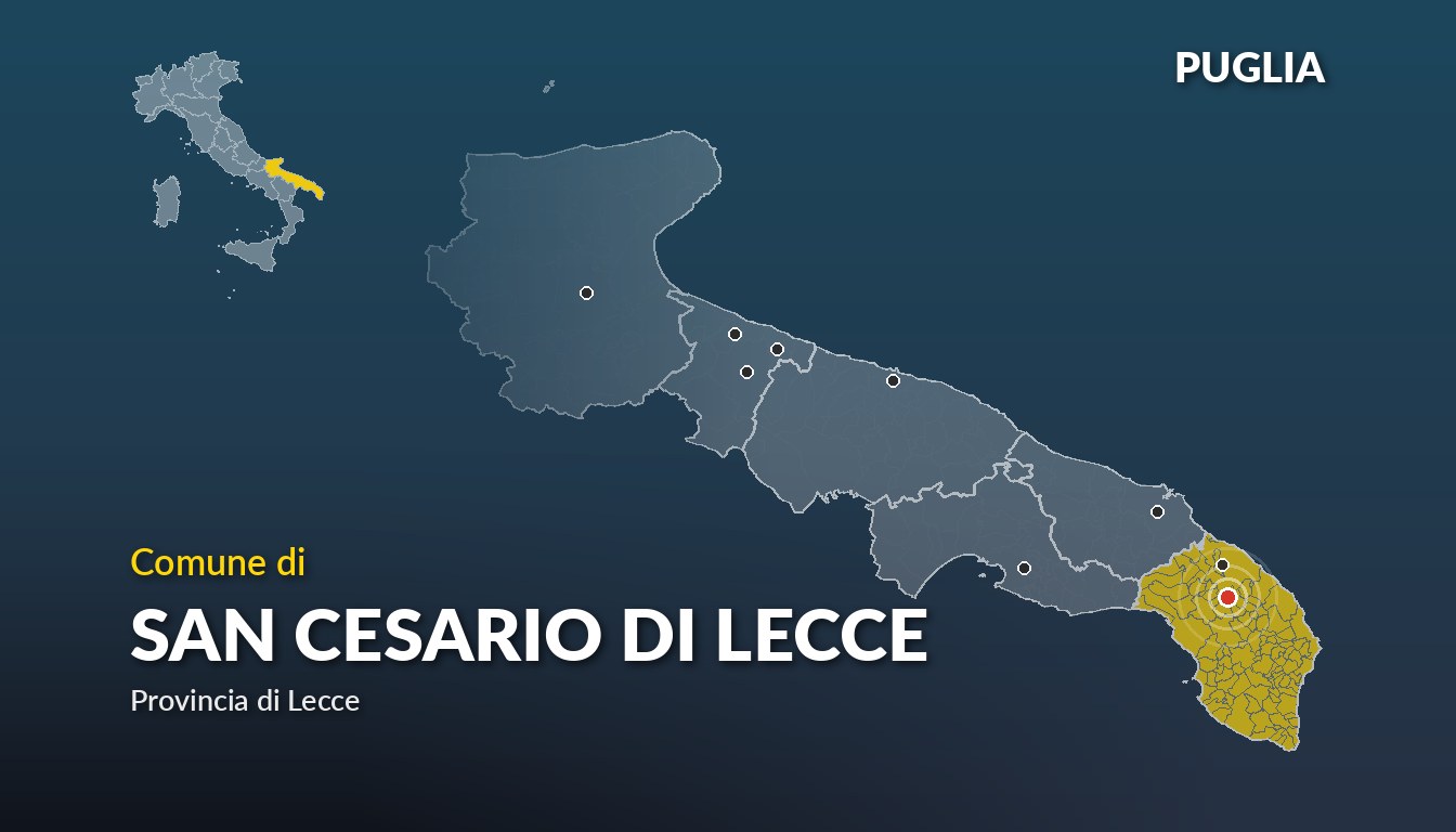 Cartina del Puglia con la posizione del comune di San Cesario di Lecce, in provincia di Lecce