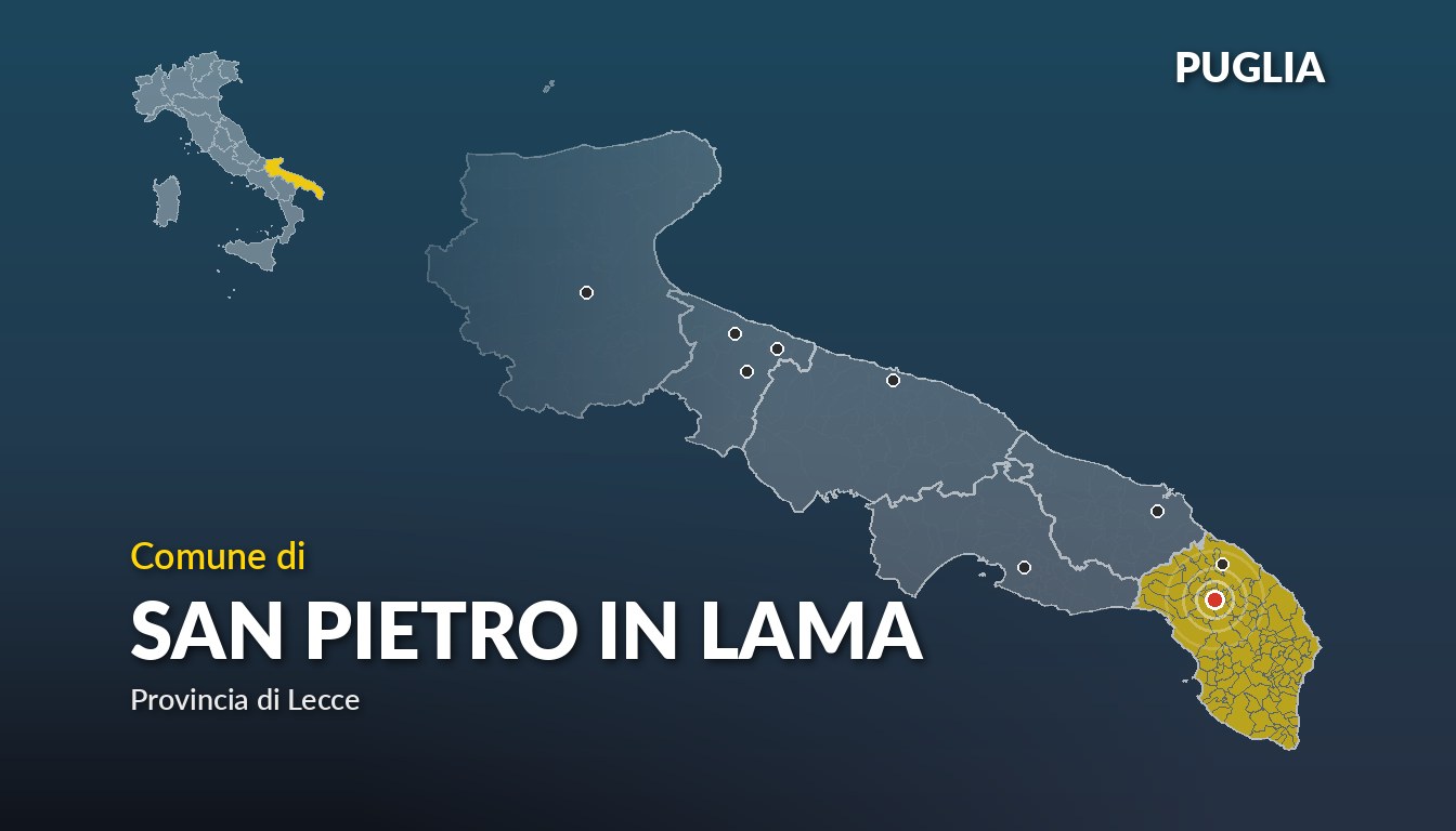 Cartina del Puglia con la posizione del comune di San Pietro in Lama, in provincia di Lecce