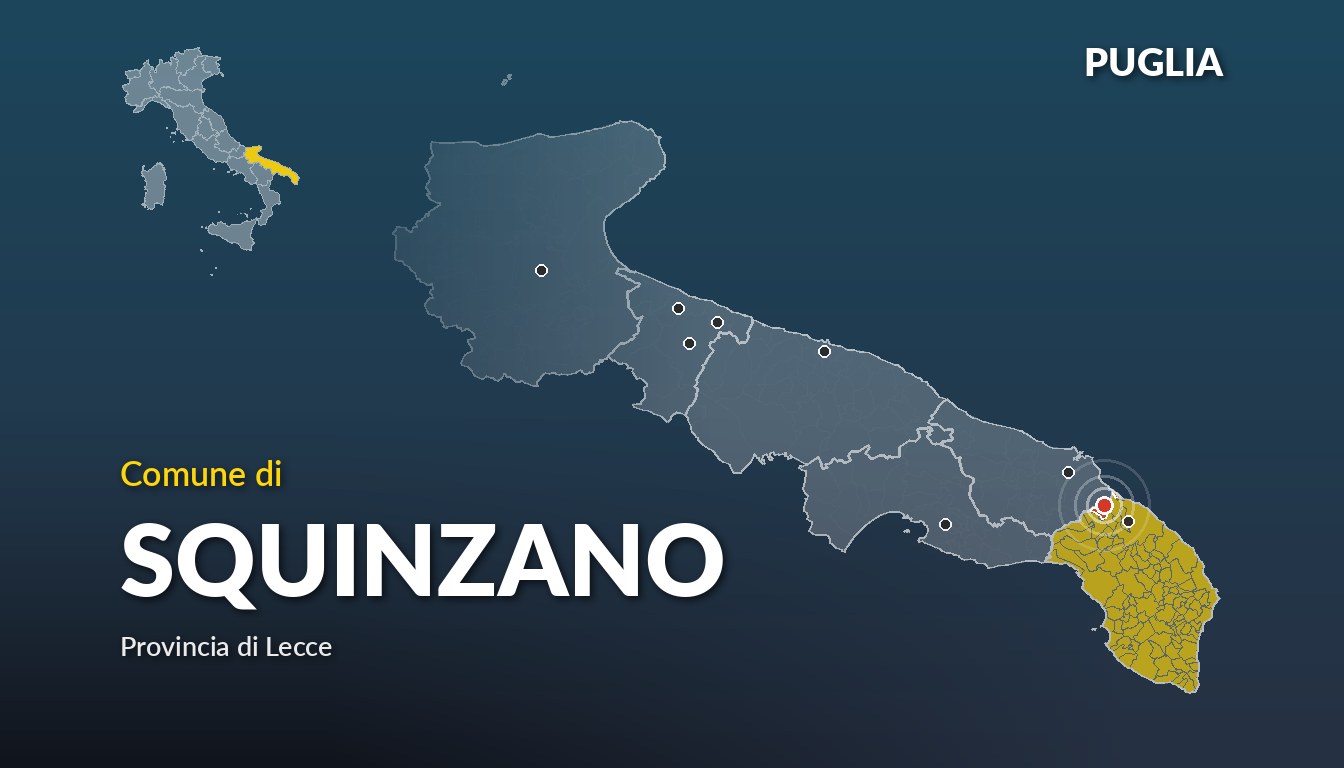 Cartina del Puglia con la posizione del comune di Squinzano, in provincia di Lecce
