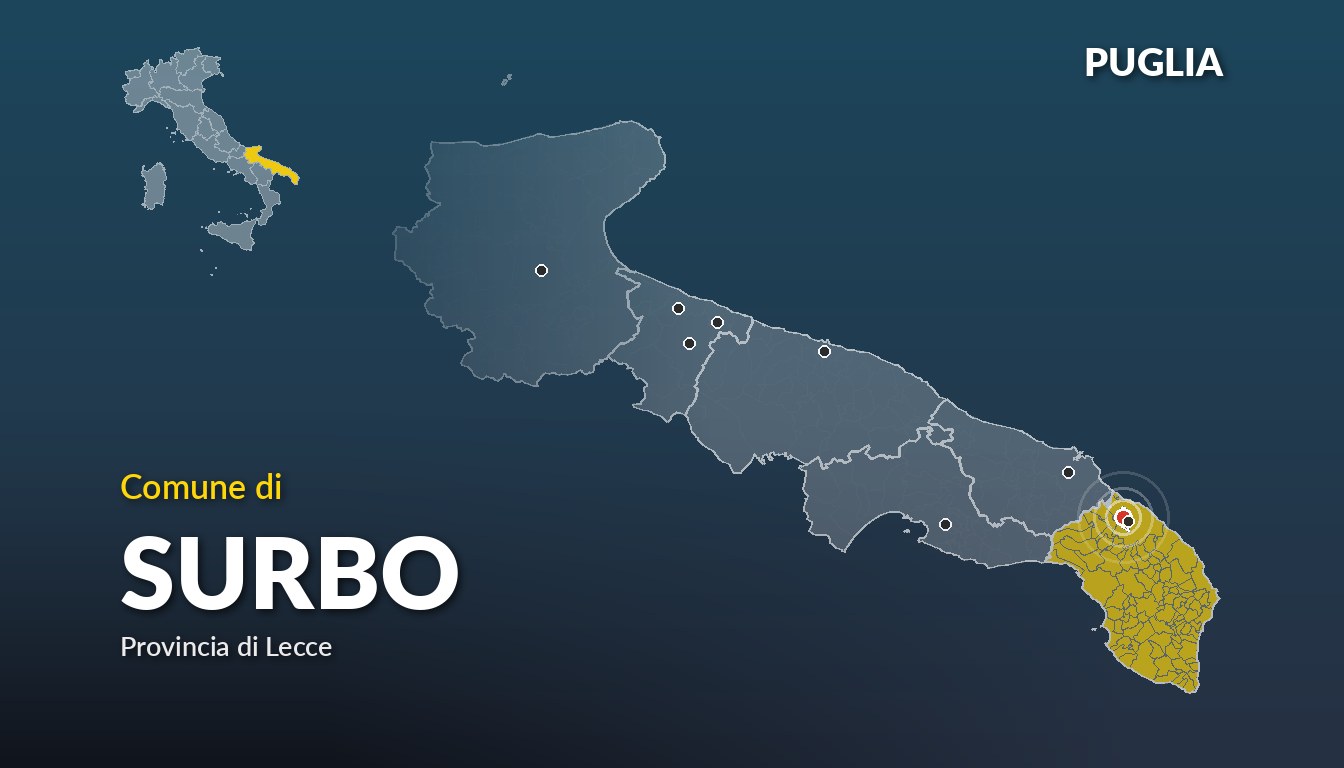 Cartina del Puglia con la posizione del comune di Surbo, in provincia di Lecce
