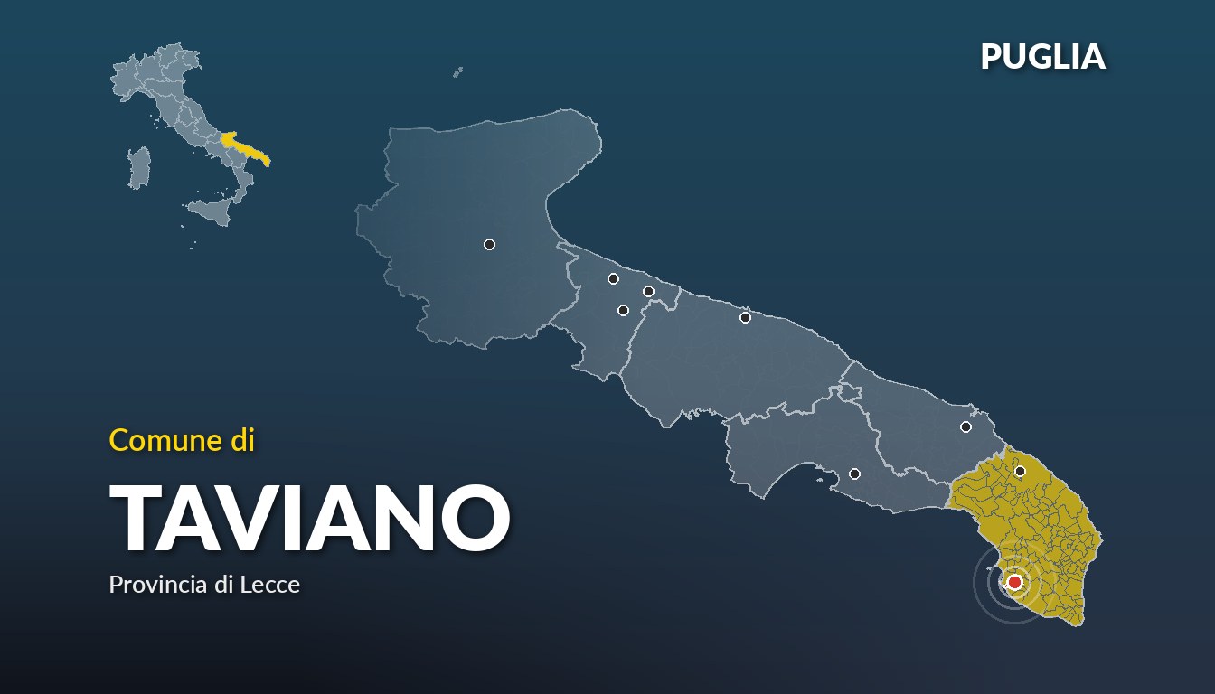Cartina del Puglia con la posizione del comune di Taviano, in provincia di Lecce