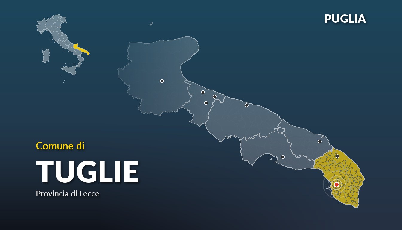Cartina del Puglia con la posizione del comune di Tuglie, in provincia di Lecce