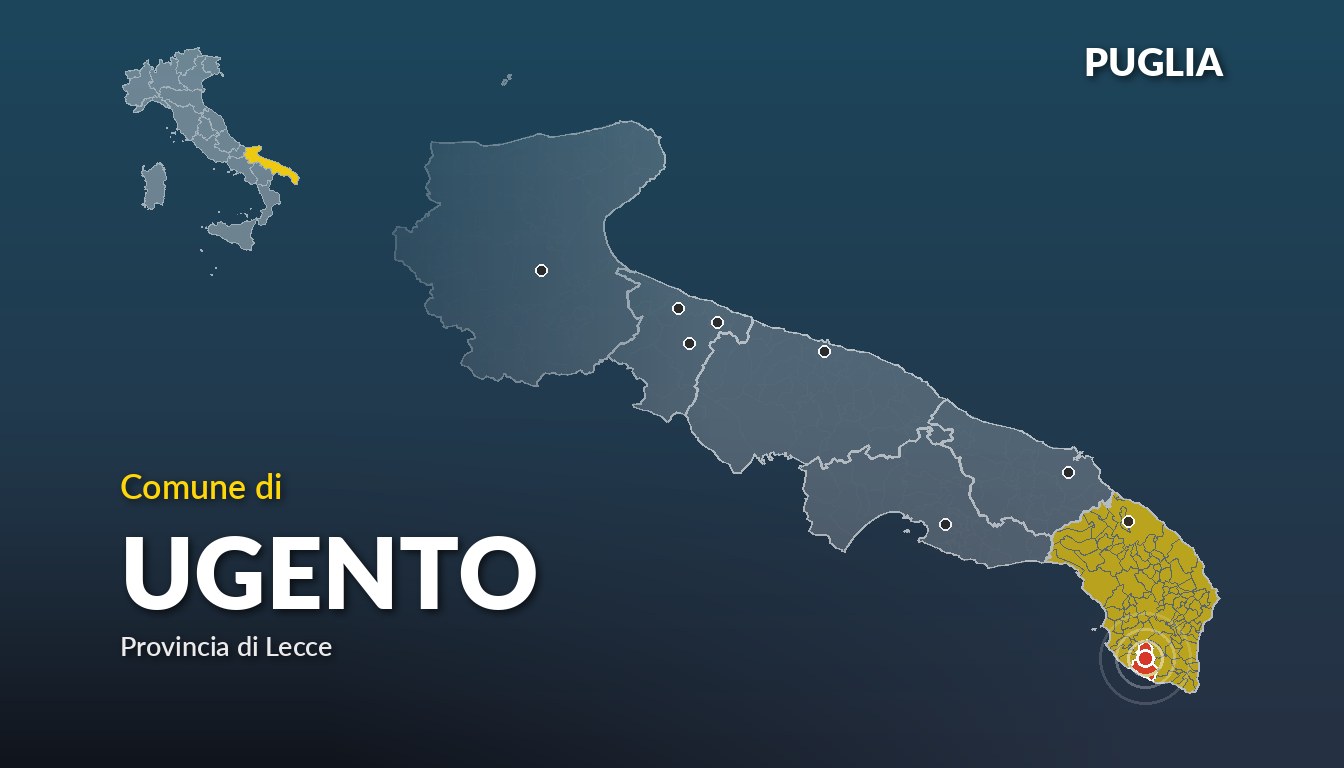 Cartina del Puglia con la posizione del comune di Ugento, in provincia di Lecce