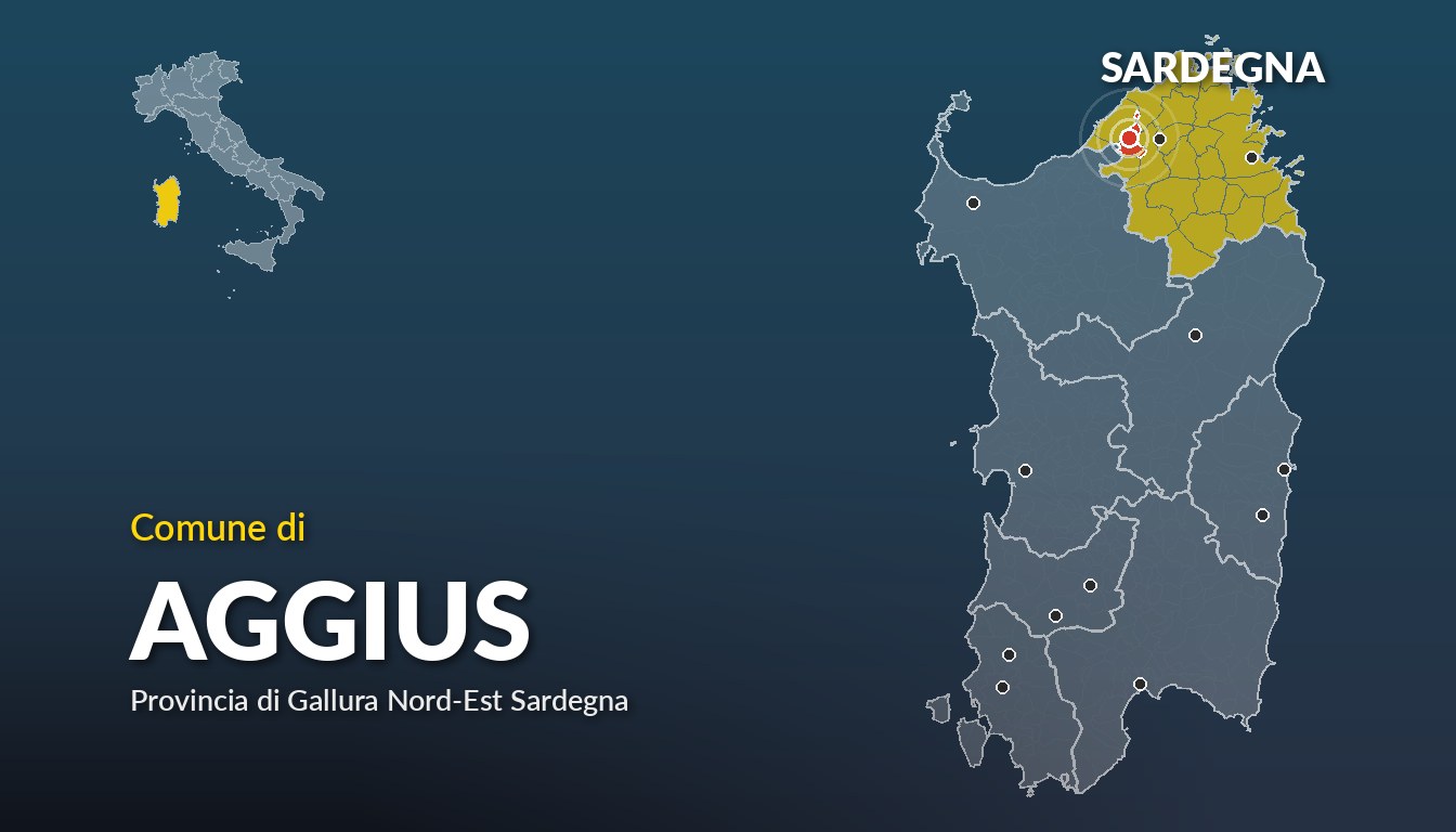 Cartina del Sardegna con la posizione del comune di Aggius, in provincia di Gallura Nord-Est Sardegna