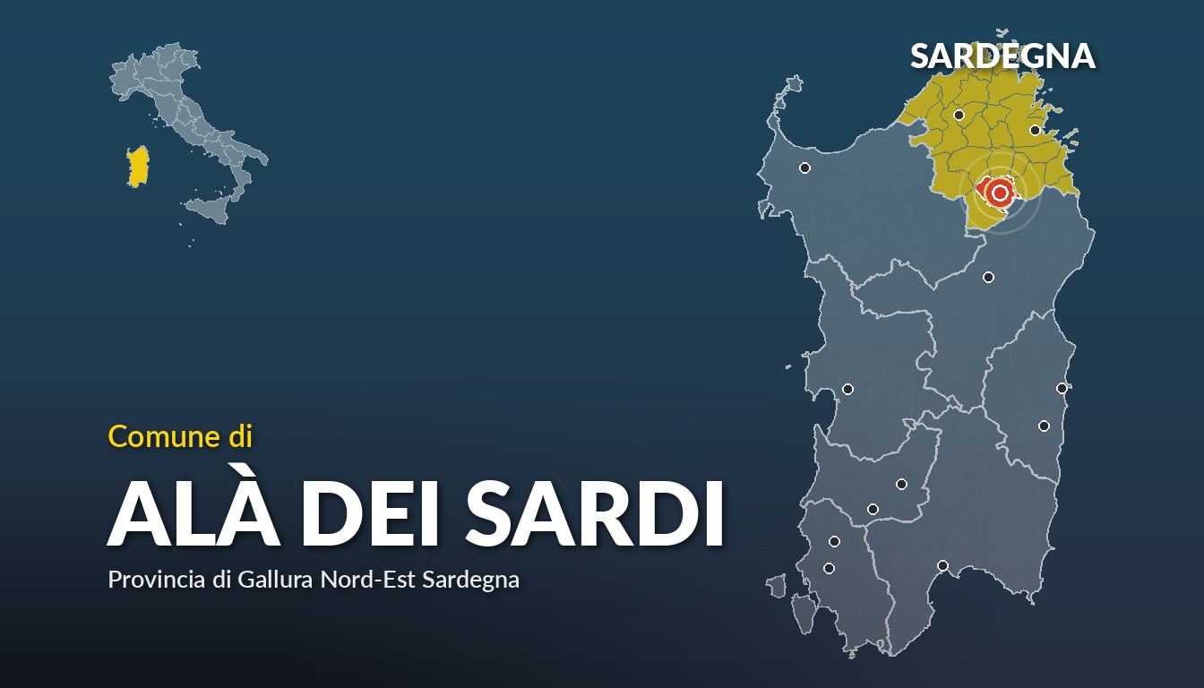 Cartina del Sardegna con la posizione del comune di Alà dei Sardi, in provincia di Gallura Nord-Est Sardegna
