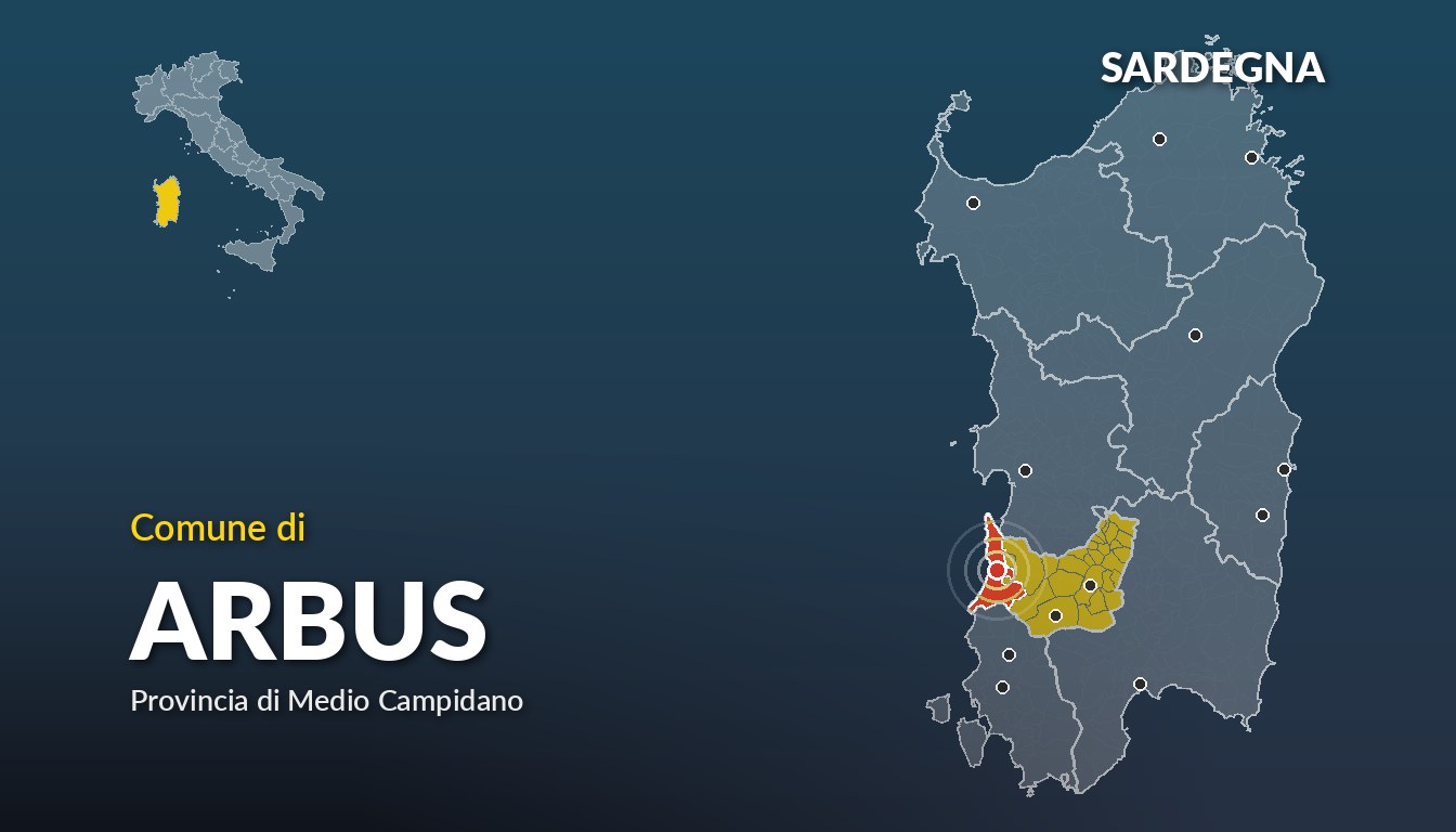 Cartina del Sardegna con la posizione del comune di Arbus, in provincia di Medio Campidano