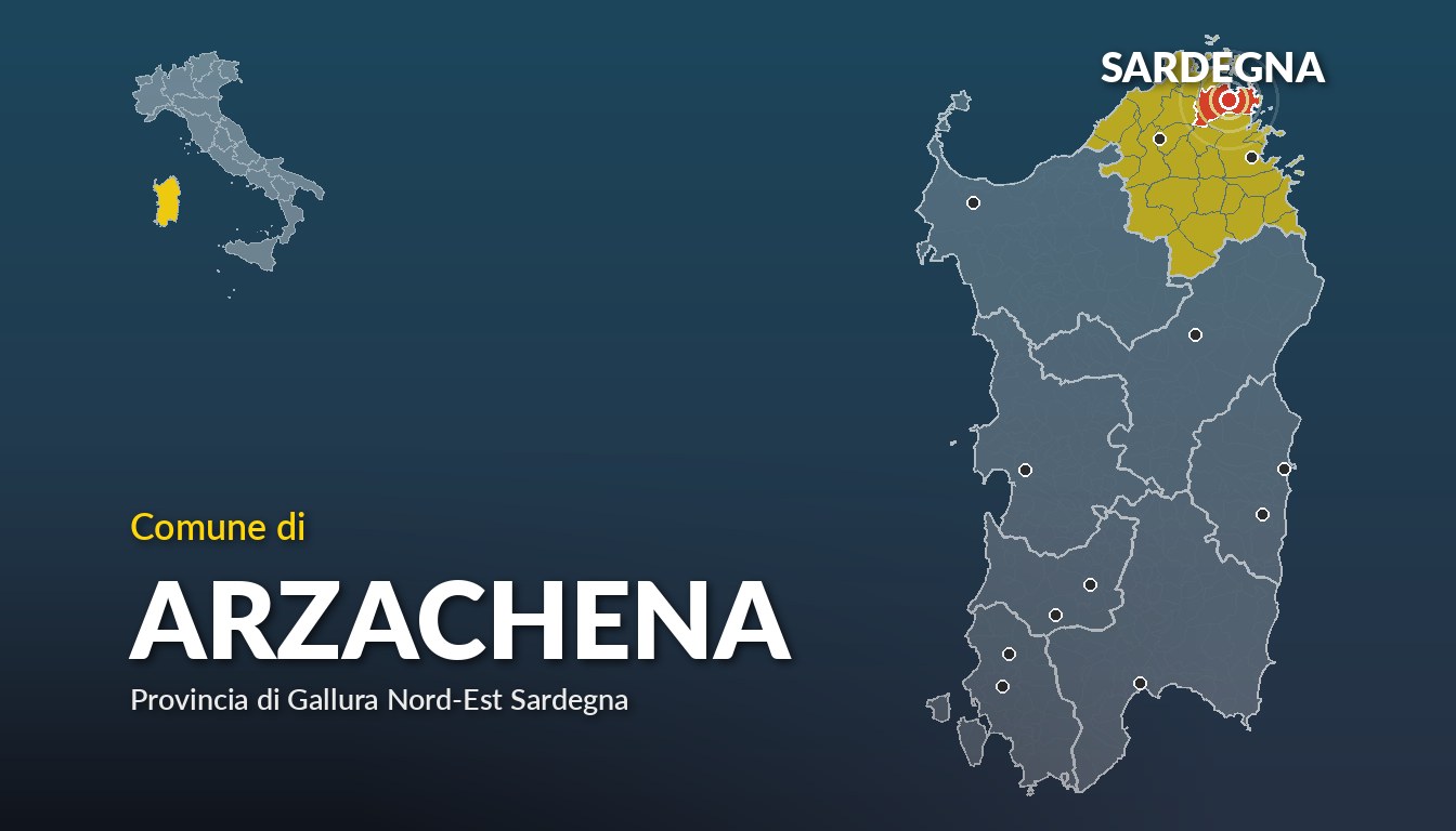 Cartina del Sardegna con la posizione del comune di Arzachena, in provincia di Gallura Nord-Est Sardegna