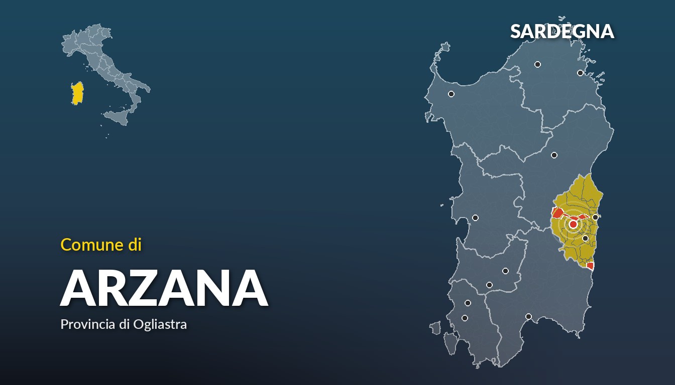 Cartina del Sardegna con la posizione del comune di Arzana, in provincia di Ogliastra