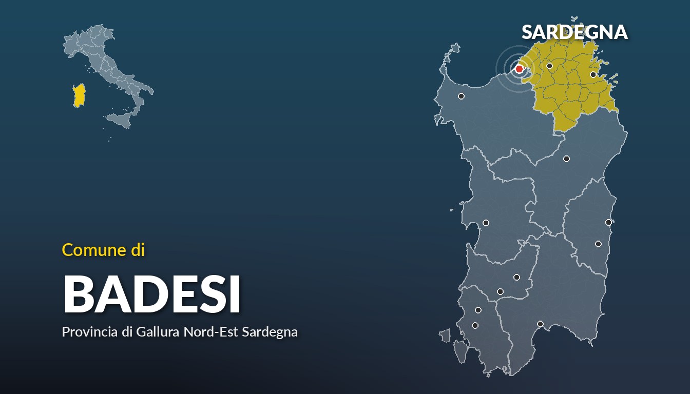 Cartina del Sardegna con la posizione del comune di Badesi, in provincia di Gallura Nord-Est Sardegna